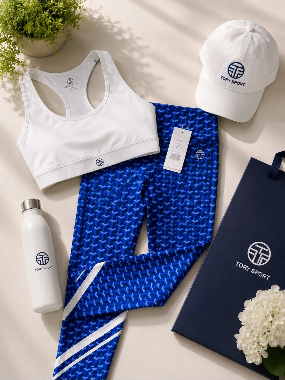 Tory Sport Blue Geometric Print Leggings with White Stripe Detail